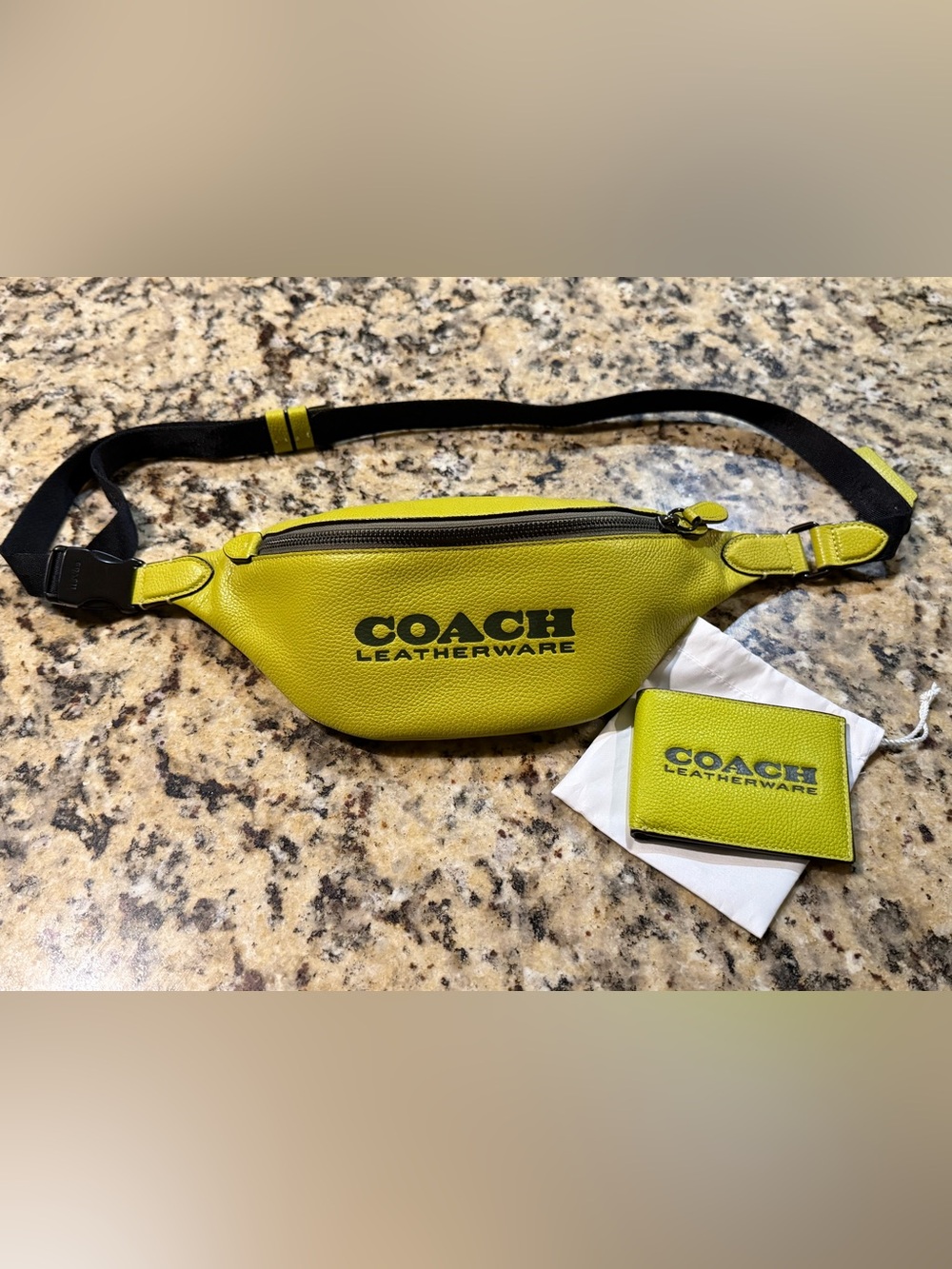 Coach Charter Lime Green Leather Belt Bag and Matching Card Case Set